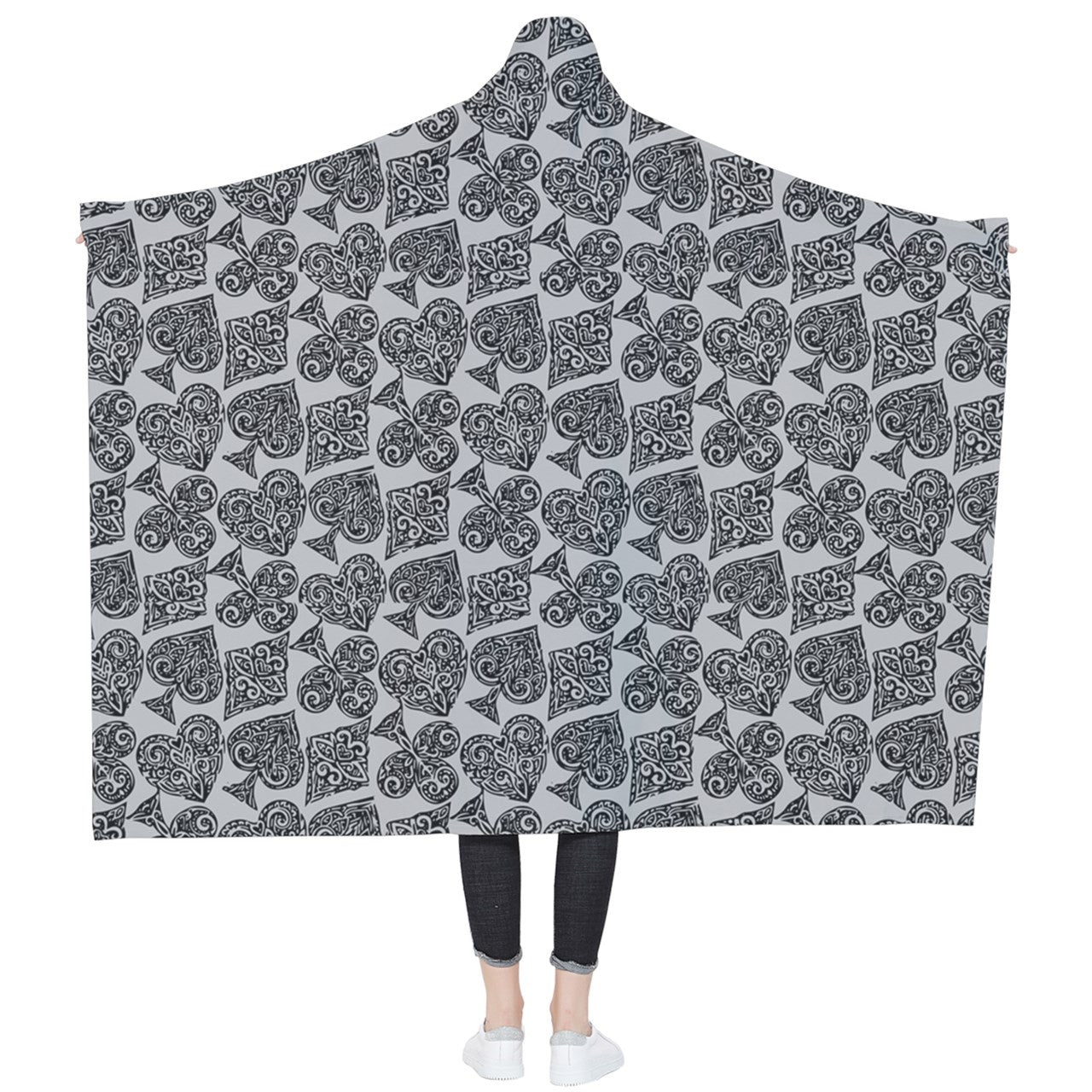 Gray Playing Cards Wearable Blanket with Hood and Finger Loops