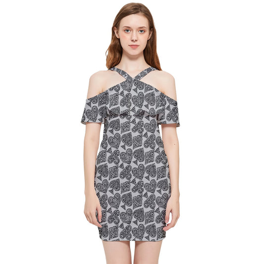 Playingcards-grey Shoulder Frill Bodycon Summer Dress - Luxtrini, LLC