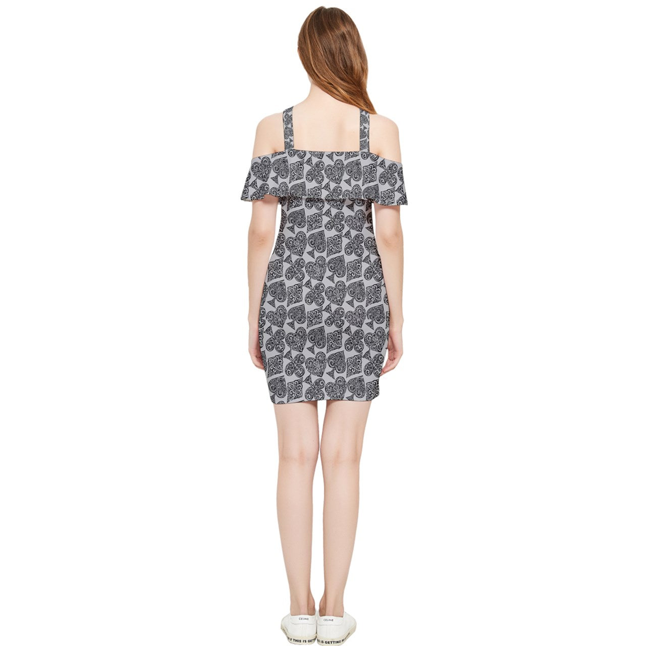 Playingcards-grey Shoulder Frill Bodycon Summer Dress - Luxtrini, LLC