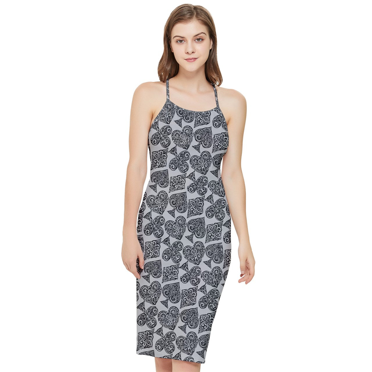 Playingcards-grey Bodycon Cross Back Summer Dress - Luxtrini, LLC