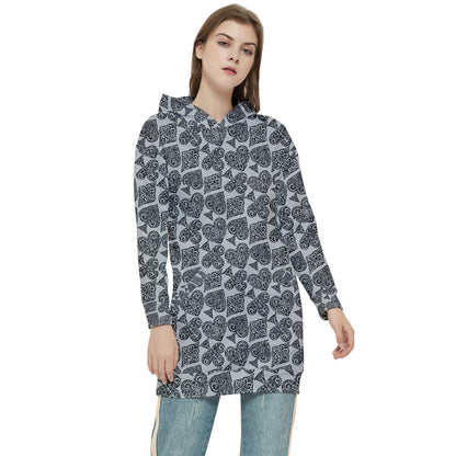 Playingcards-grey Women's Long Oversized Pullover Hoodie - Luxtrini, LLC