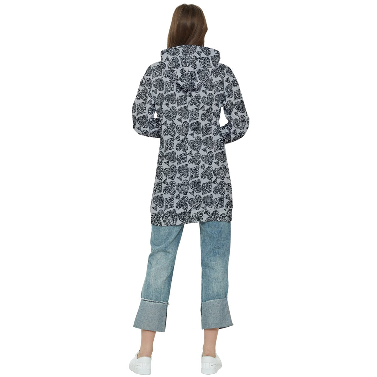 Playingcards-grey Women's Long Oversized Pullover Hoodie - Luxtrini, LLC