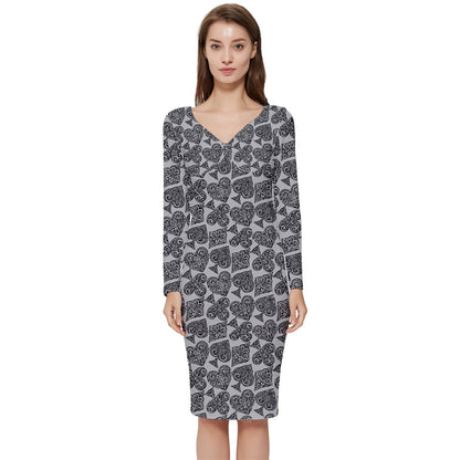 Playingcards-grey Long Sleeve V-Neck Bodycon Dress - Luxtrini, LLC