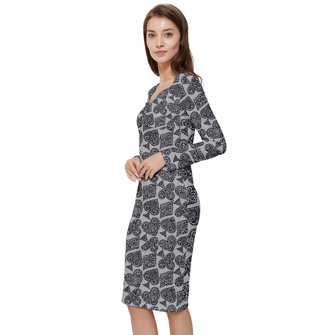 Playingcards-grey Long Sleeve V-Neck Bodycon Dress - Luxtrini, LLC