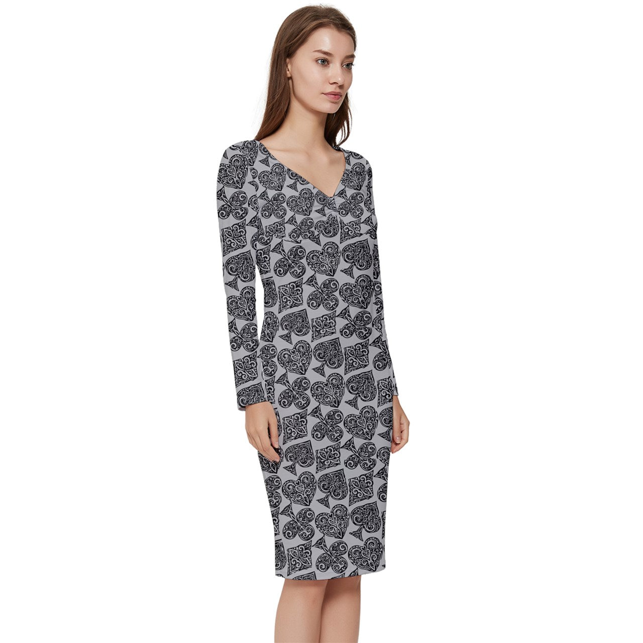 Playingcards-grey Long Sleeve V-Neck Bodycon Dress - Luxtrini, LLC