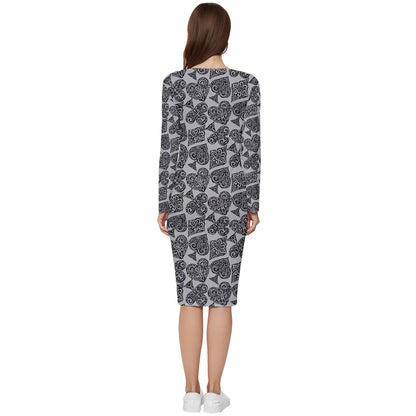 Playingcards-grey Long Sleeve V-Neck Bodycon Dress - Luxtrini, LLC