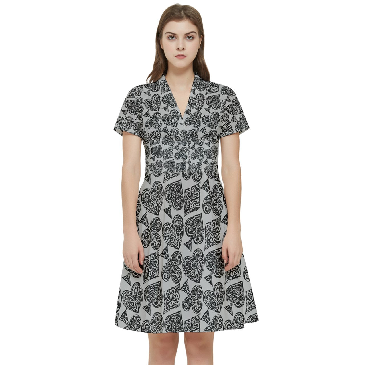 Playingcards-grey Short Sleeve Waist Detail Dress - Luxtrini, LLC