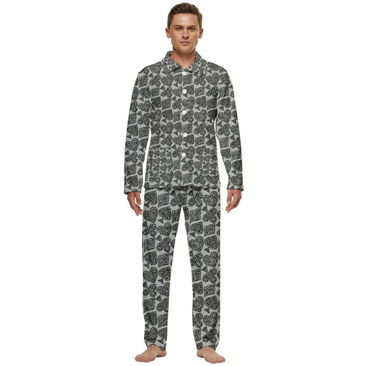 Playingcards-grey Men's Long Sleeve Velvet Pocket Pajamas Set - Luxtrini, LLC