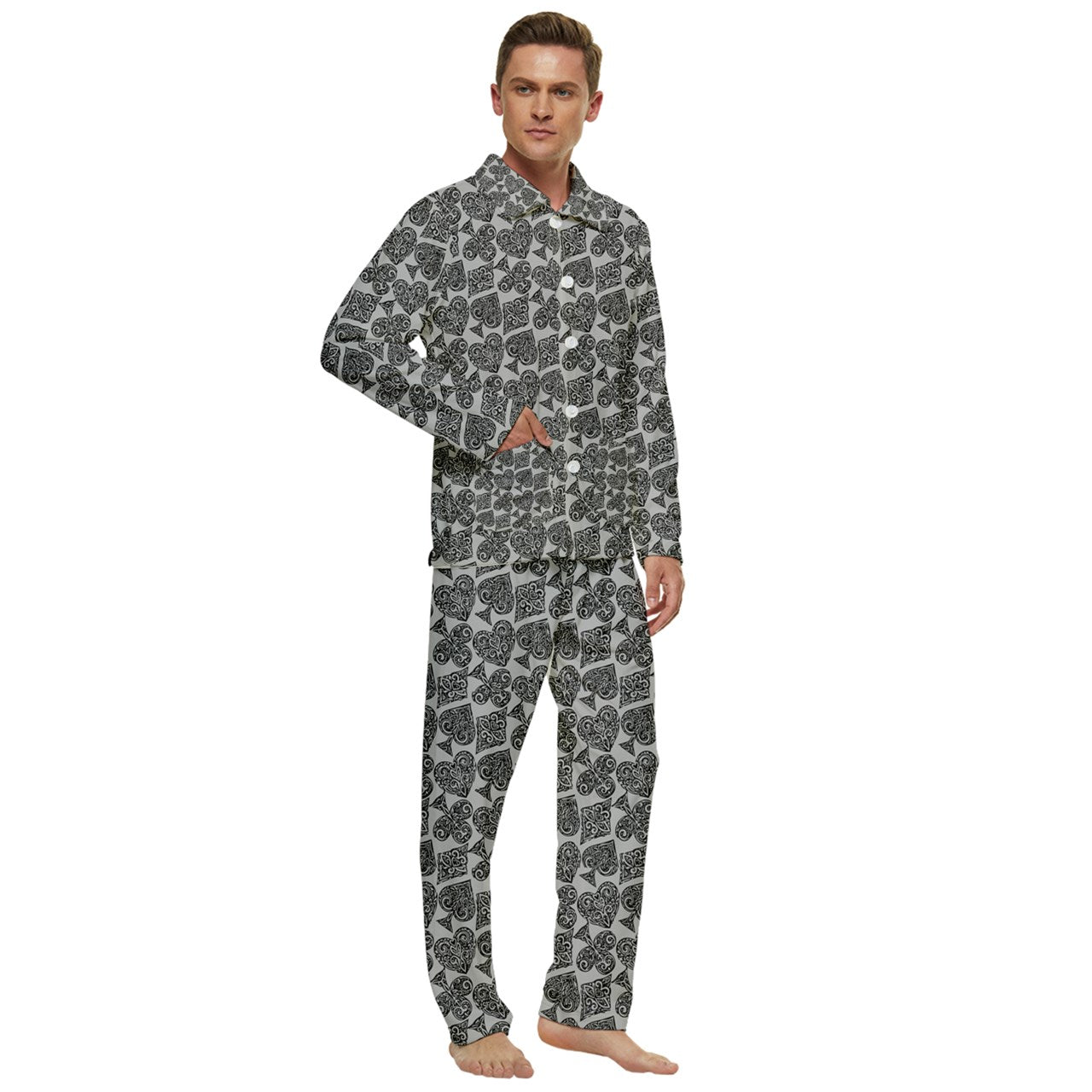 Playingcards-grey Men's Long Sleeve Velvet Pocket Pajamas Set - Luxtrini, LLC