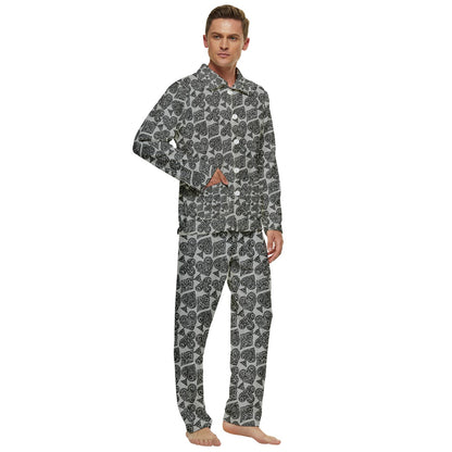 Playingcards-grey Men's Long Sleeve Velvet Pocket Pajamas Set - Luxtrini, LLC