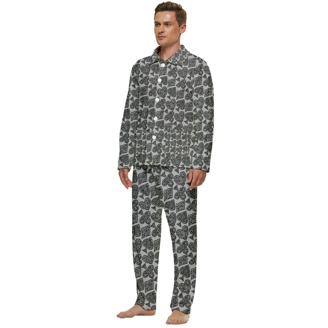 Playingcards-grey Men's Long Sleeve Velvet Pocket Pajamas Set - Luxtrini, LLC