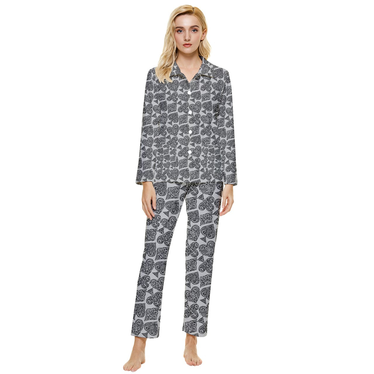 Playingcards-grey Womens' Long Sleeve Velvet Pocket Pajamas Set - Luxtrini, LLC