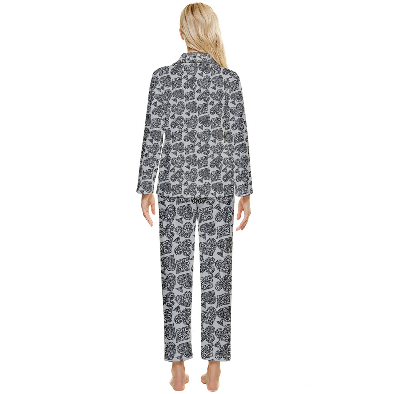 Playingcards-grey Womens' Long Sleeve Velvet Pocket Pajamas Set - Luxtrini, LLC