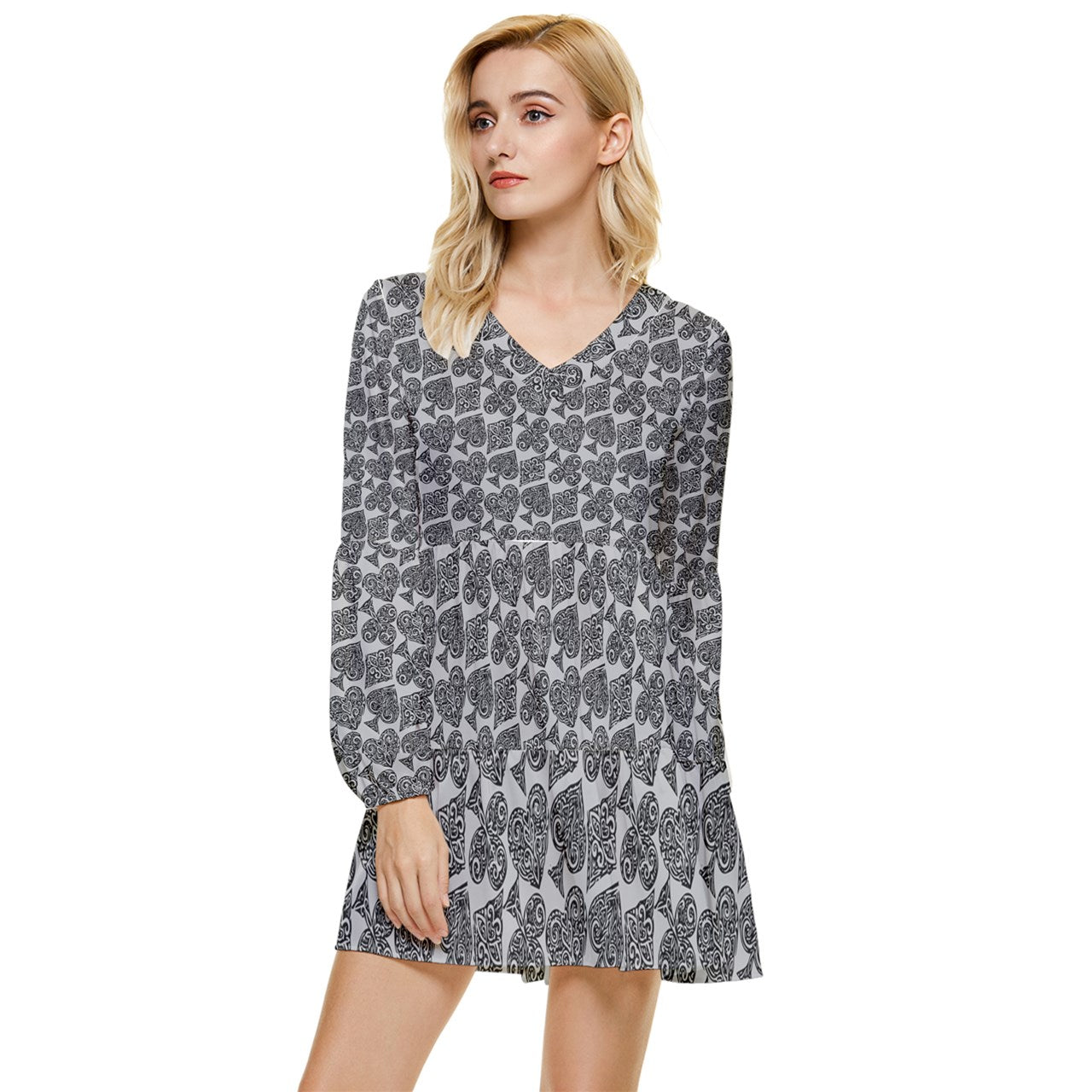 Playingcards-grey Tiered Long Sleeve Mini Dress - Luxtrini, LLC