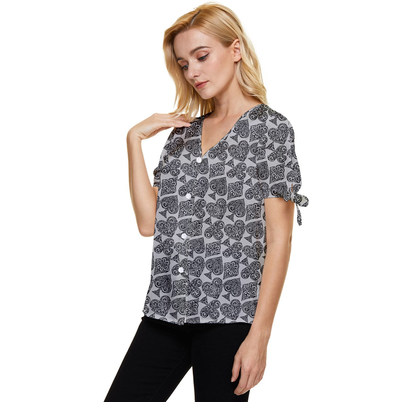 Playingcards-grey Bow Sleeve Button Up Top - Luxtrini, LLC