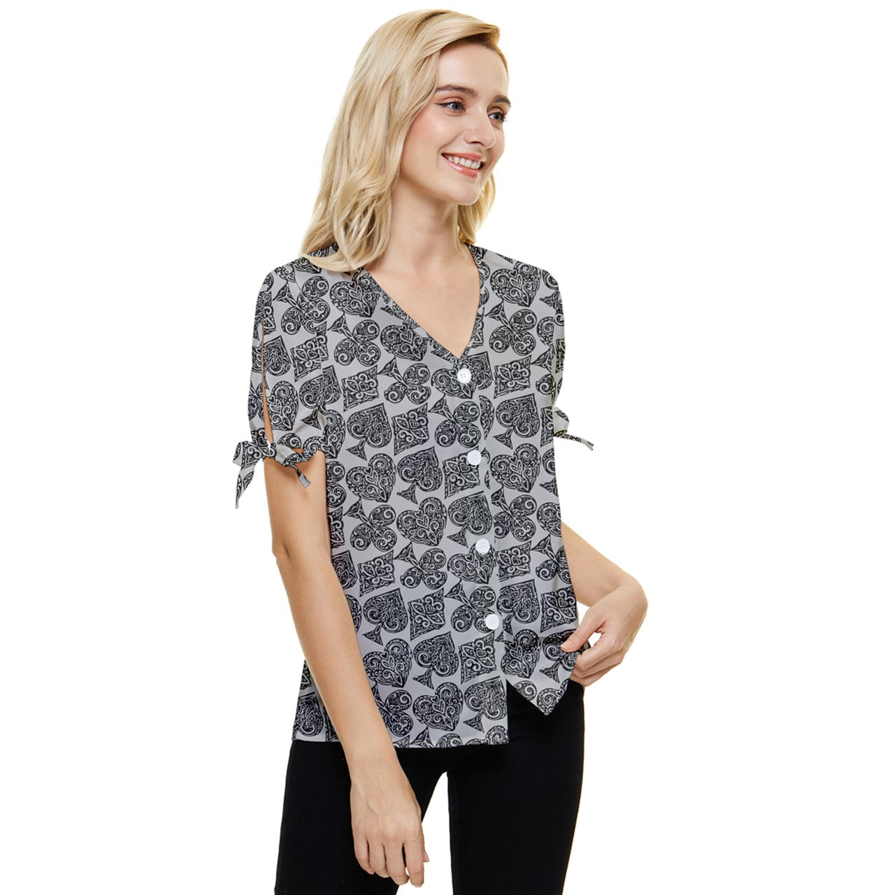 Playingcards-grey Bow Sleeve Button Up Top - Luxtrini, LLC