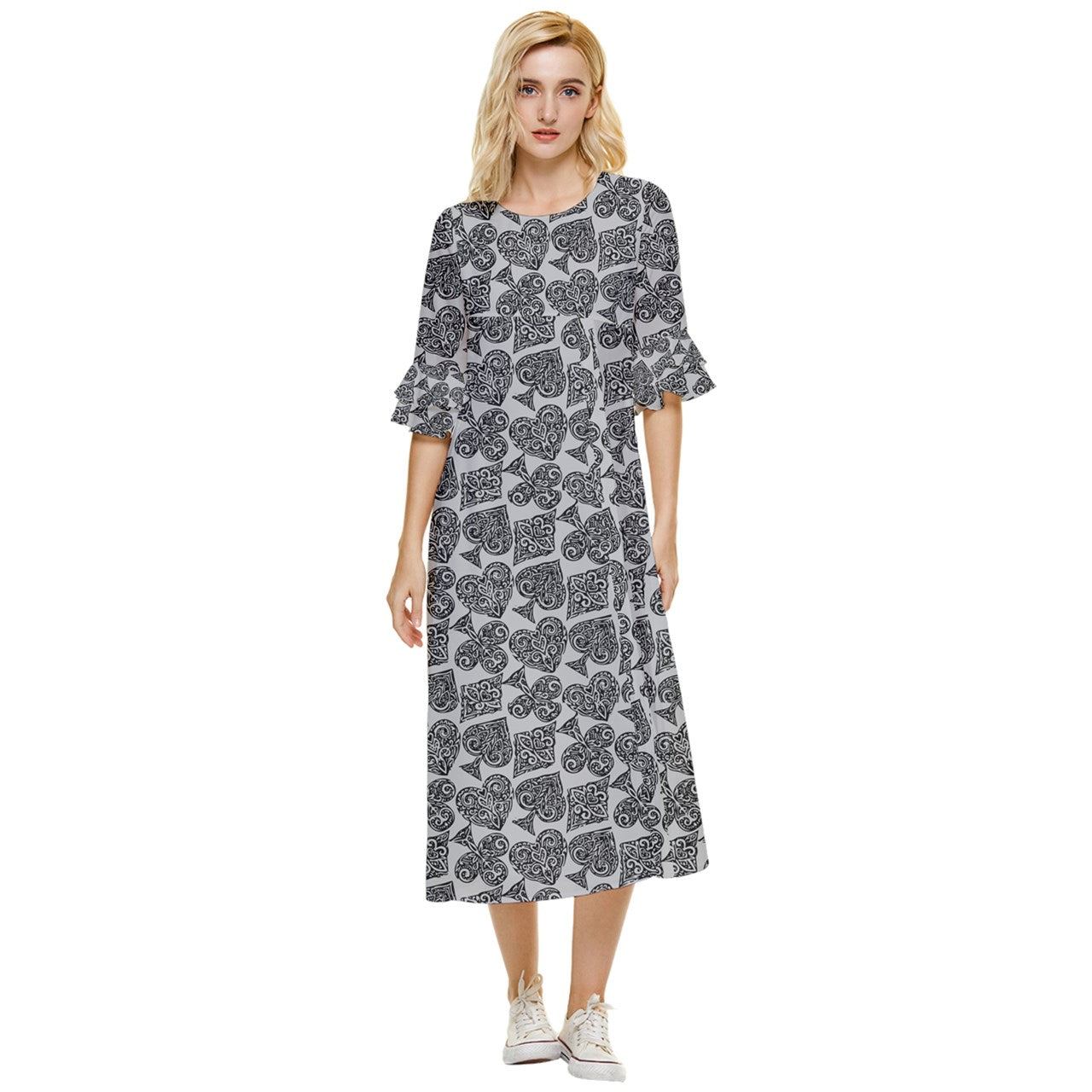 Playingcards-grey Double Cuff Midi Dress - Luxtrini, LLC