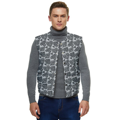 Playingcards-grey Men's Short Button Up Puffer Vest - Luxtrini, LLC