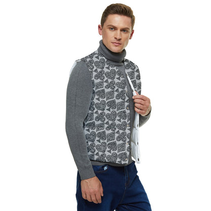 Playingcards-grey Men's Short Button Up Puffer Vest - Luxtrini, LLC