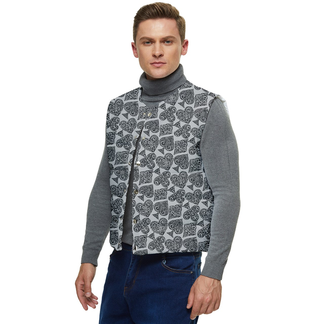 Playingcards-grey Men's Short Button Up Puffer Vest - Luxtrini, LLC