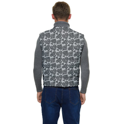 Playingcards-grey Men's Short Button Up Puffer Vest - Luxtrini, LLC