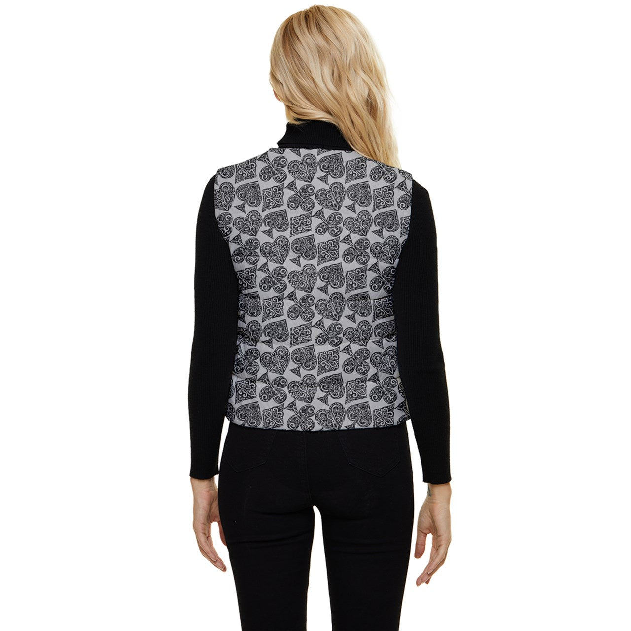 Playingcards-grey Women's Short Button Up Puffer Vest - Luxtrini, LLC