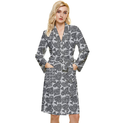 Playingcards-grey Long Sleeve Velour Robe - Luxtrini, LLC