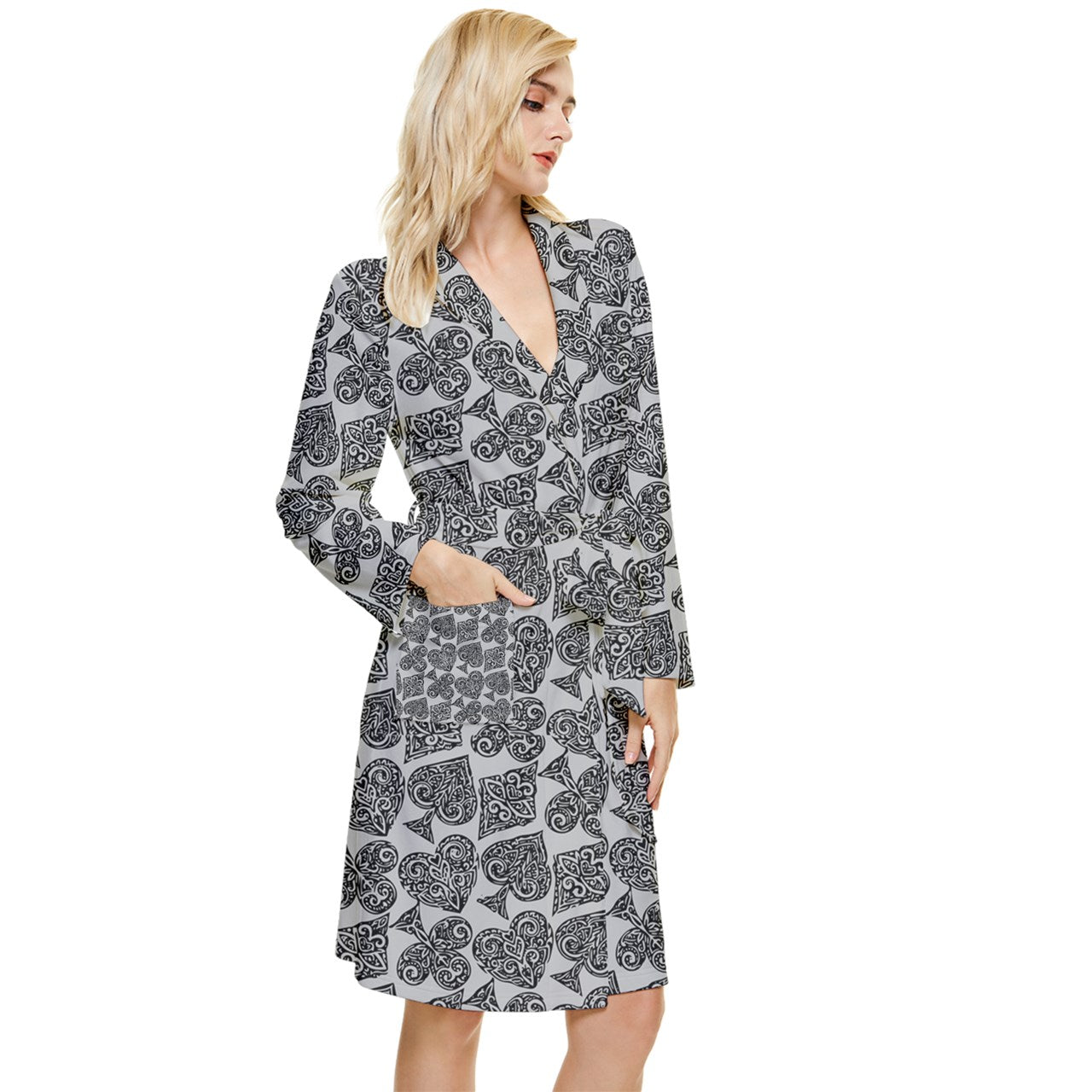 Playingcards-grey Long Sleeve Velour Robe - Luxtrini, LLC