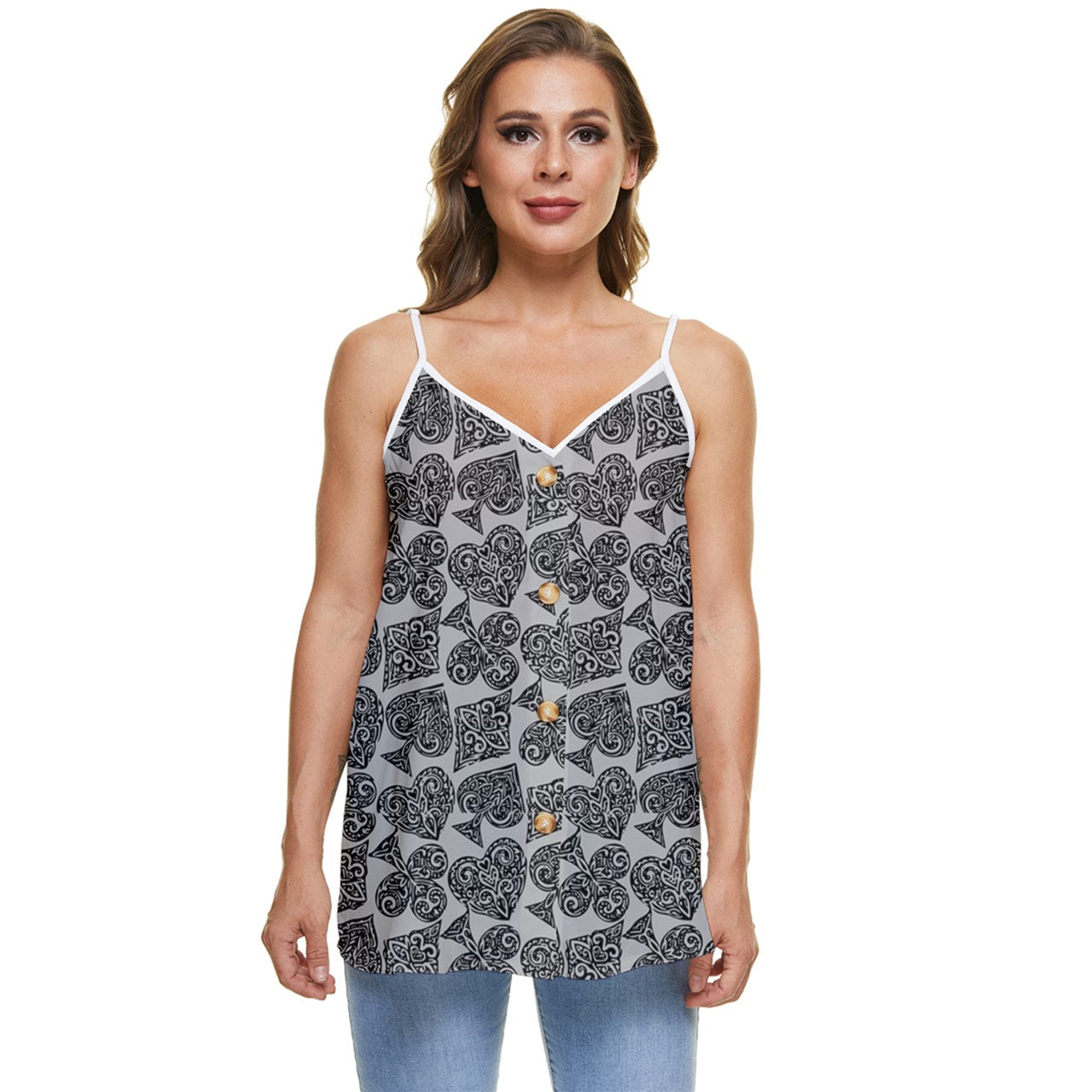 Playingcards-grey Casual Spaghetti Strap Chiffon Top - Luxtrini, LLC