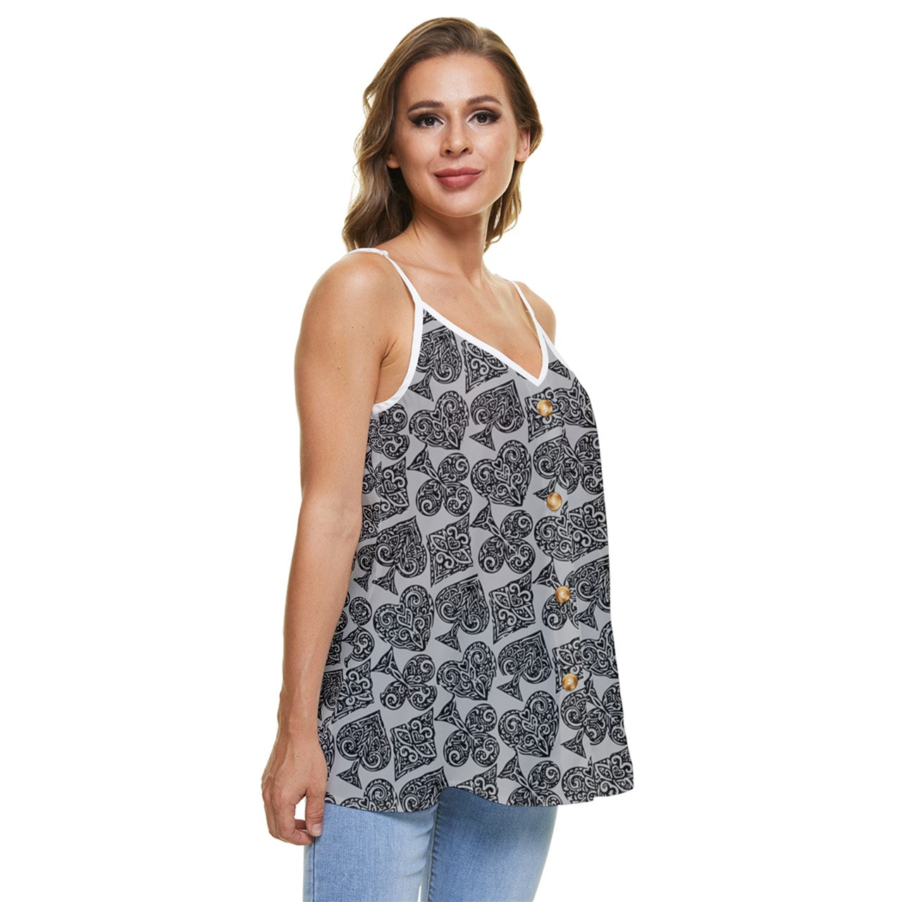 Playingcards-grey Casual Spaghetti Strap Chiffon Top - Luxtrini, LLC