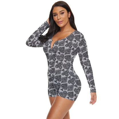 Playingcards-grey Long Sleeve Boyleg Swimsuit - Luxtrini, LLC