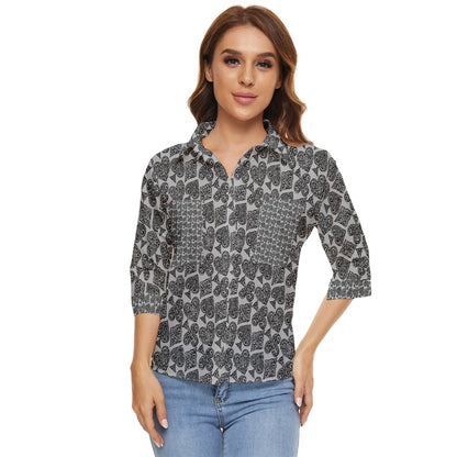 Playingcards-grey Women's Quarter Sleeve Pocket Shirt - Luxtrini, LLC