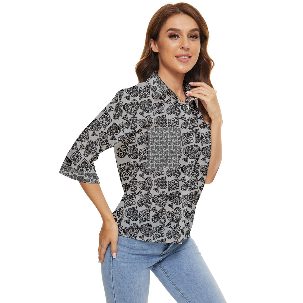 Playingcards-grey Women's Quarter Sleeve Pocket Shirt - Luxtrini, LLC