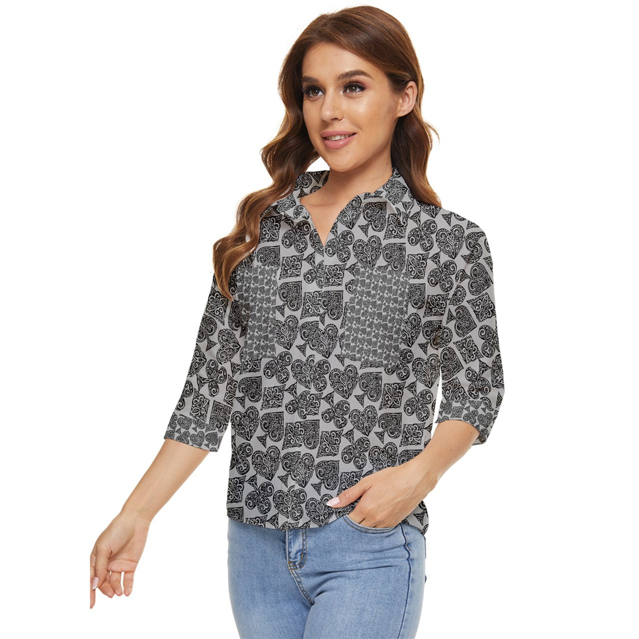 Playingcards-grey Women's Quarter Sleeve Pocket Shirt - Luxtrini, LLC