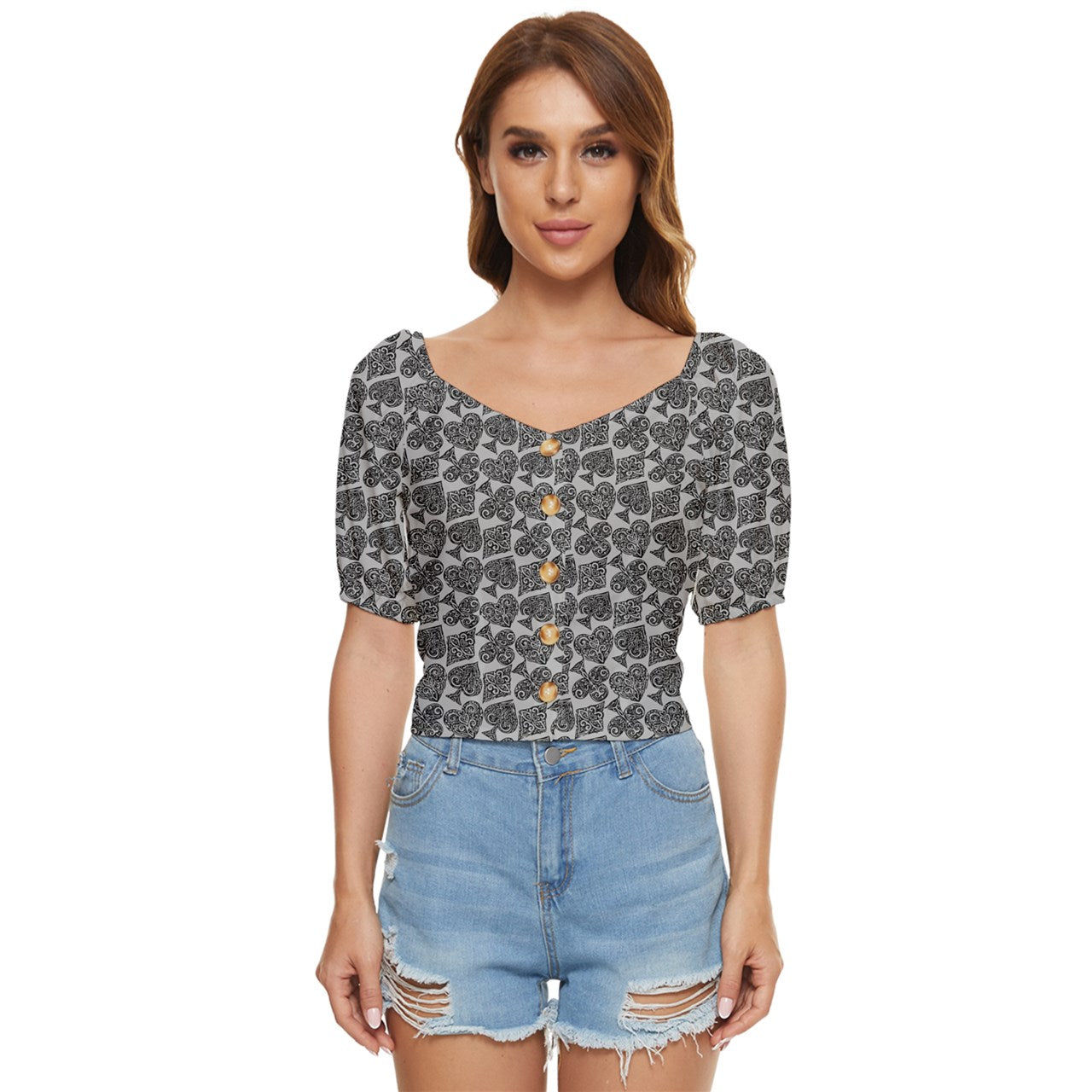 Playingcards-grey Button up blouse - Luxtrini, LLC