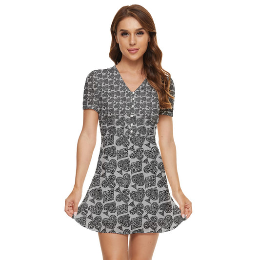 Playingcards-grey V-Neck High Waist Chiffon Mini Dress - Luxtrini, LLC