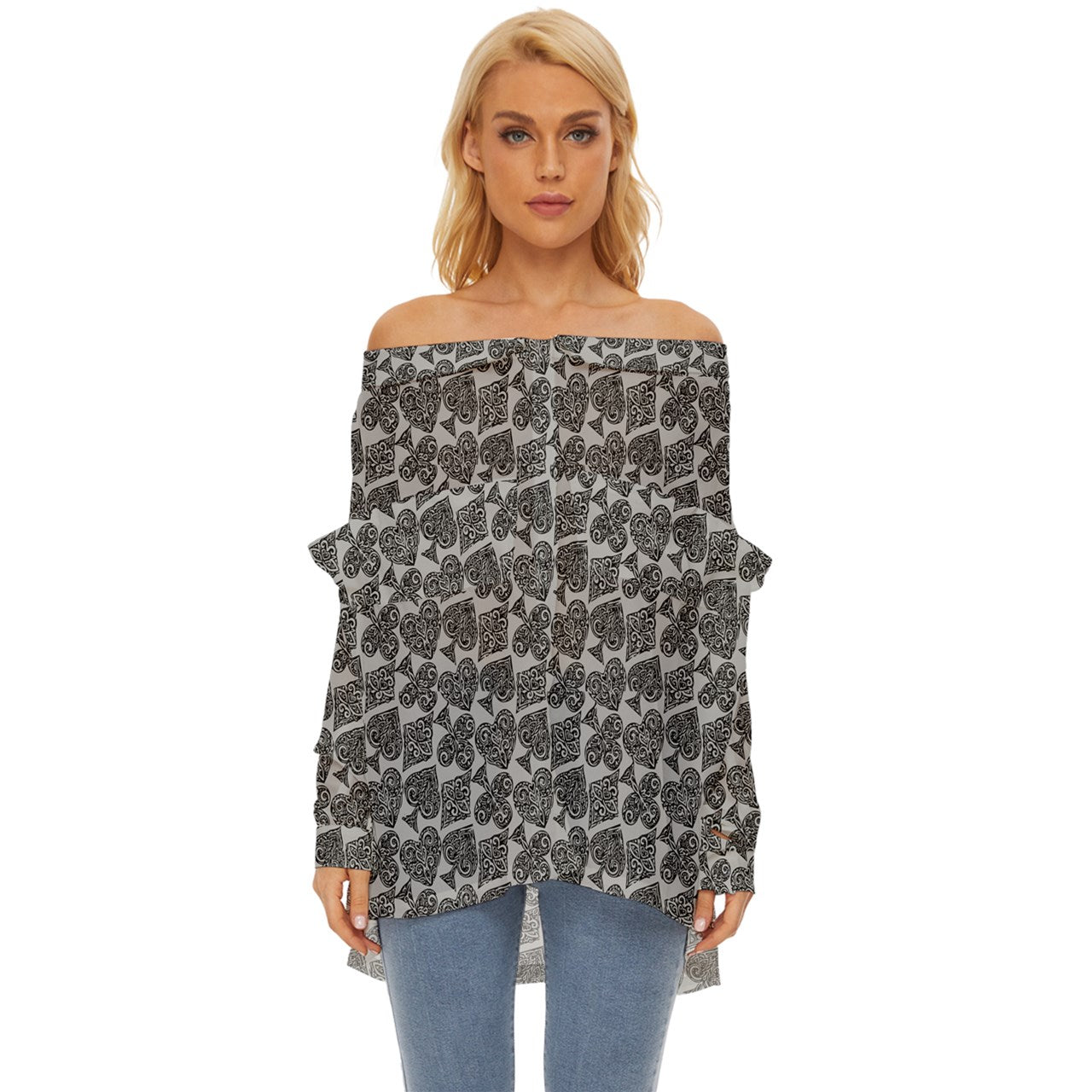 Playingcards-grey Off Shoulder Chiffon Pocket Shirt - Luxtrini, LLC