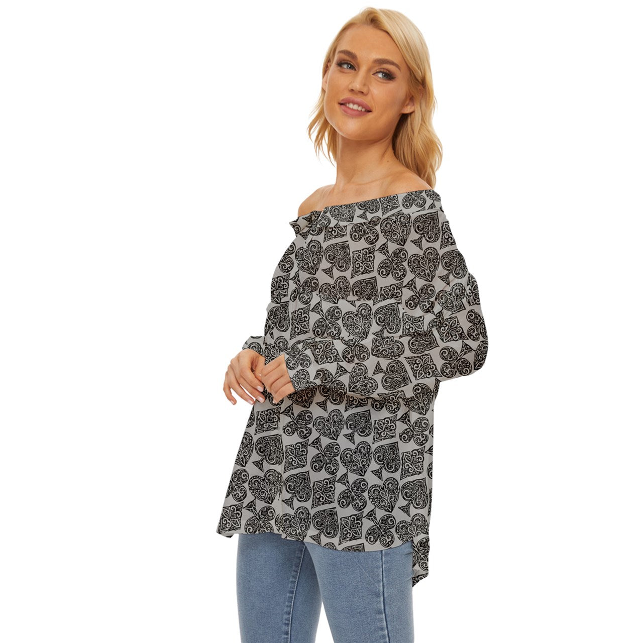 Playingcards-grey Off Shoulder Chiffon Pocket Shirt - Luxtrini, LLC