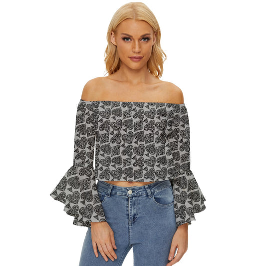 Playingcards-grey Off Shoulder Flutter Bell Sleeve Top - Luxtrini, LLC