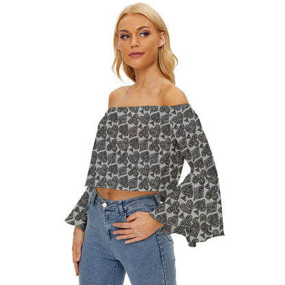 Playingcards-grey Off Shoulder Flutter Bell Sleeve Top - Luxtrini, LLC