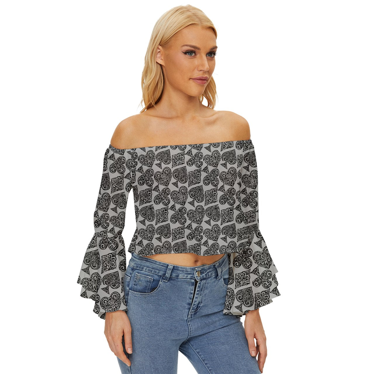 Playingcards-grey Off Shoulder Flutter Bell Sleeve Top - Luxtrini, LLC