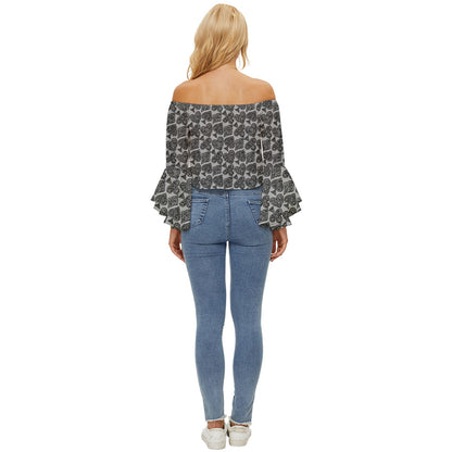 Playingcards-grey Off Shoulder Flutter Bell Sleeve Top - Luxtrini, LLC