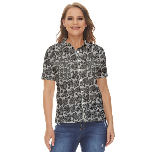 Playingcards-grey Women's Short Sleeve Double Pocket Shirt - Luxtrini, LLC