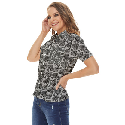 Playingcards-grey Women's Short Sleeve Double Pocket Shirt - Luxtrini, LLC