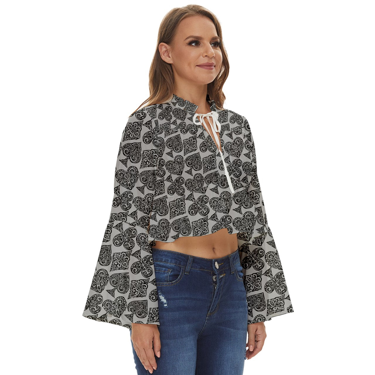 Playingcards-grey Boho Long Bell Sleeve Top - Luxtrini, LLC