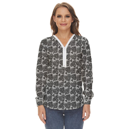 Playingcards-grey Zip Up Long Sleeve Blouse - Luxtrini, LLC