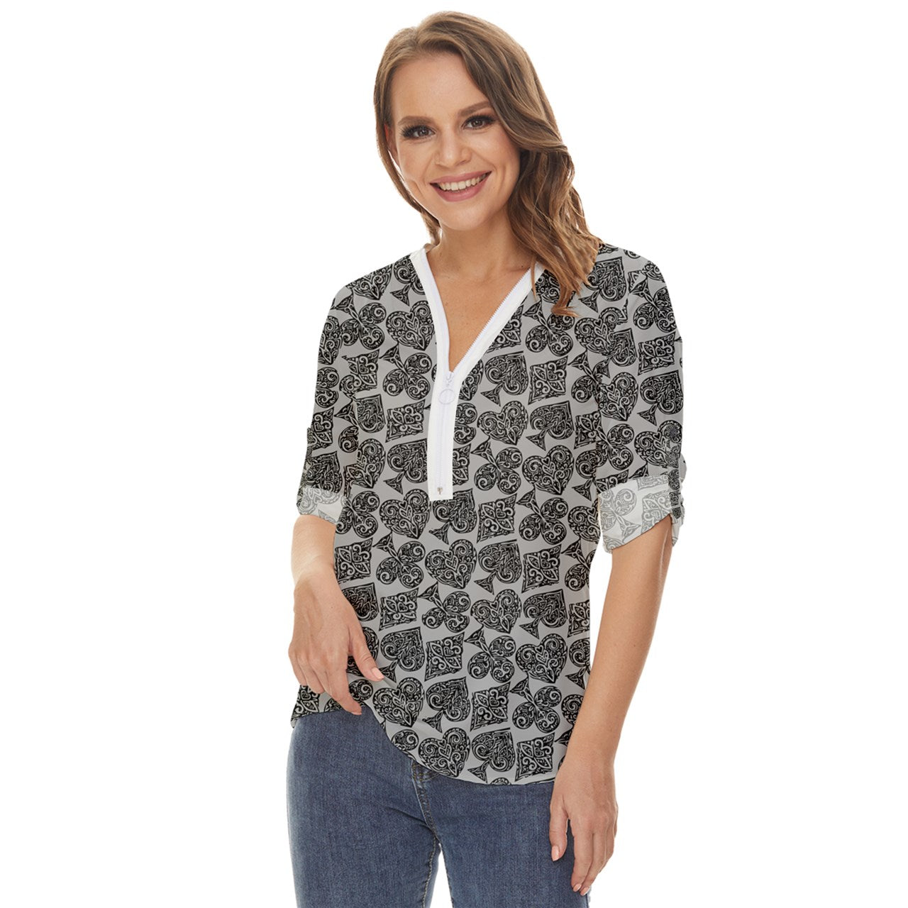 Playingcards-grey Zip Up Long Sleeve Blouse - Luxtrini, LLC