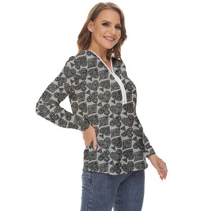 Playingcards-grey Zip Up Long Sleeve Blouse - Luxtrini, LLC