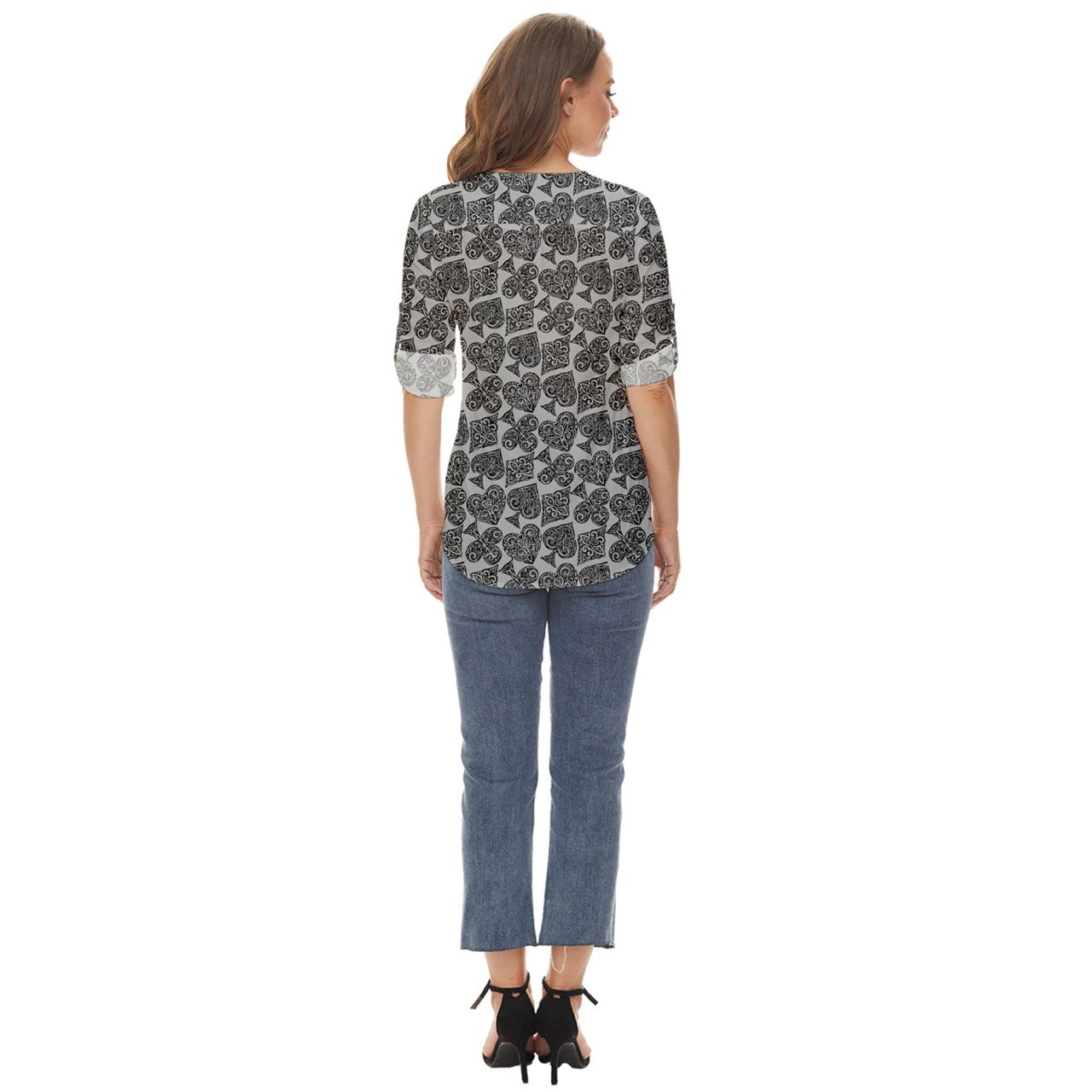 Playingcards-grey Zip Up Long Sleeve Blouse - Luxtrini, LLC