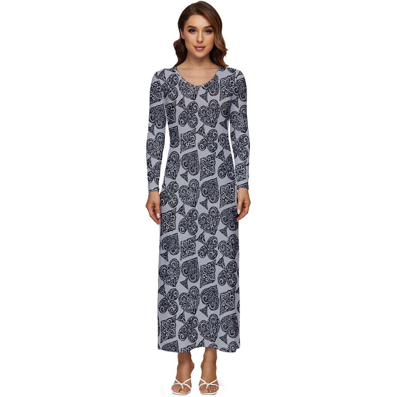 Playingcards-grey Long Sleeve Velour Longline Maxi Dress - Luxtrini, LLC